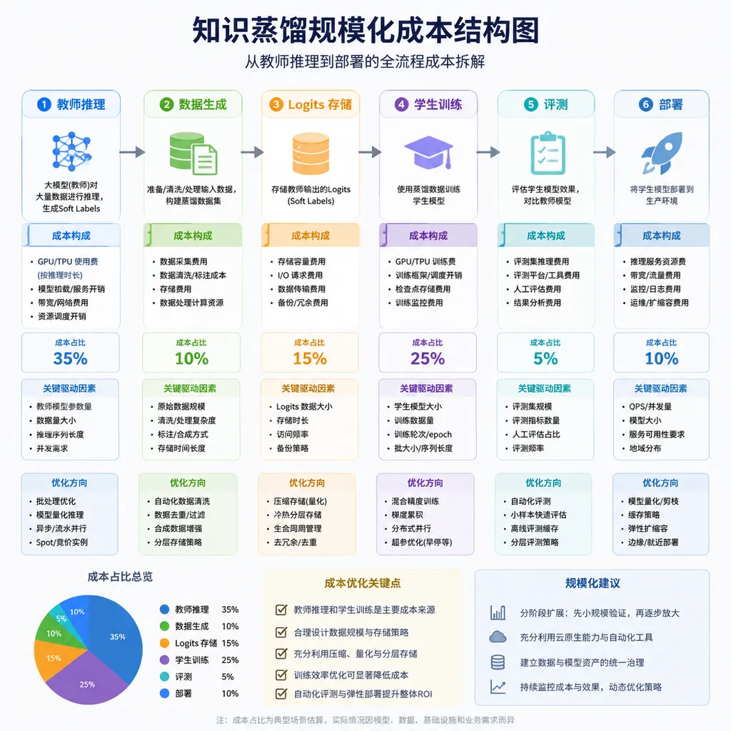 知识蒸馏规模化成本结构图,展示教师推理、数据生成、Logits 存储、学生训练、评测和部署六个环节