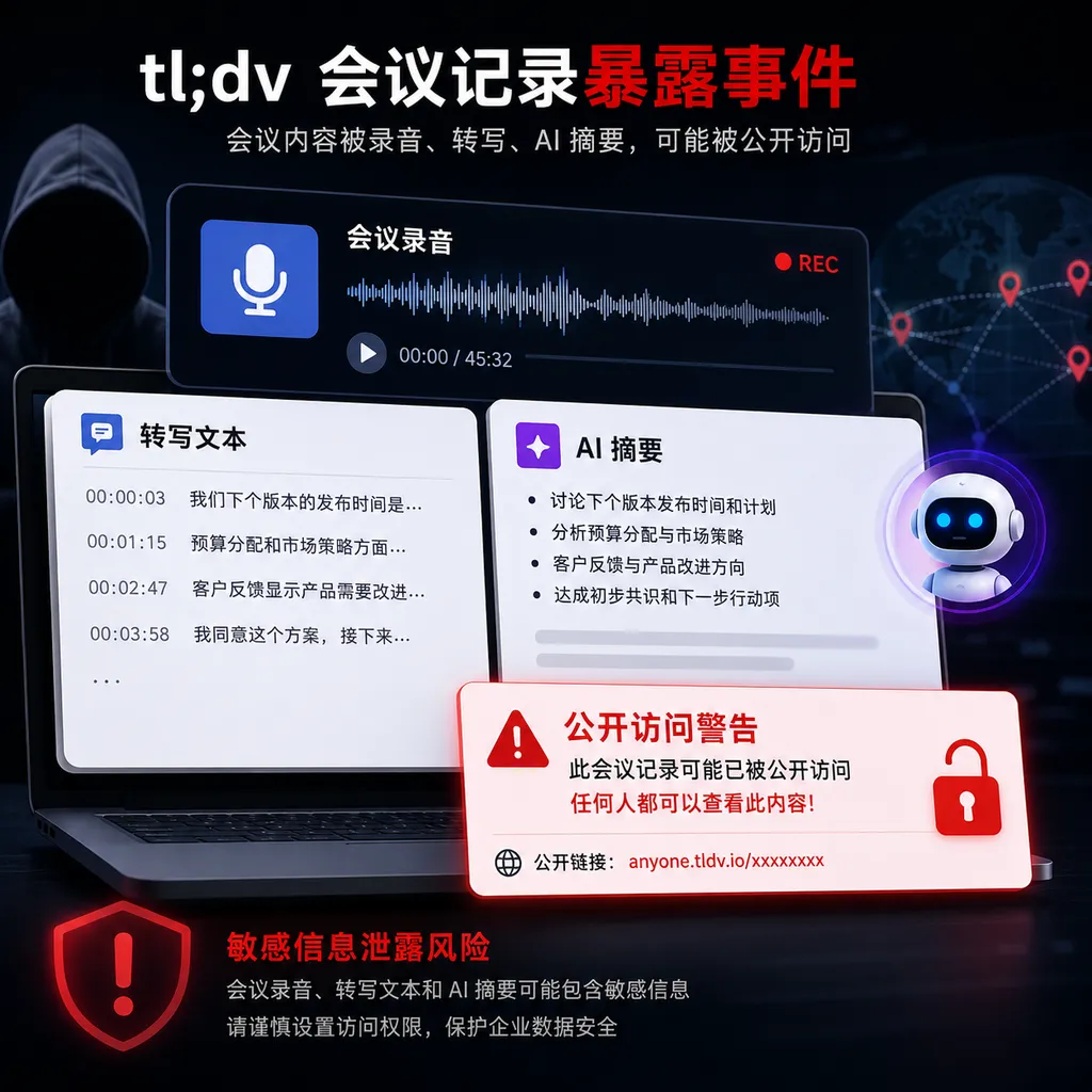 tl;dv 会议记录暴露事件示意图,画面包含会议录音、转写文本、AI 摂要和公开访问警告