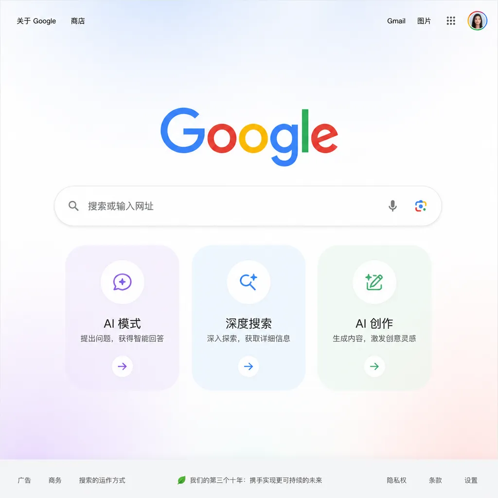 谷歌新版搜索主页示意图,三个 AI 快捷入口取代传统“Google 搜索”按钮
