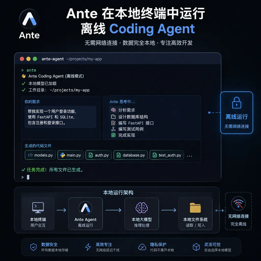 Ante 在本地终端中运行离线 Coding Agent 的概念示意图
