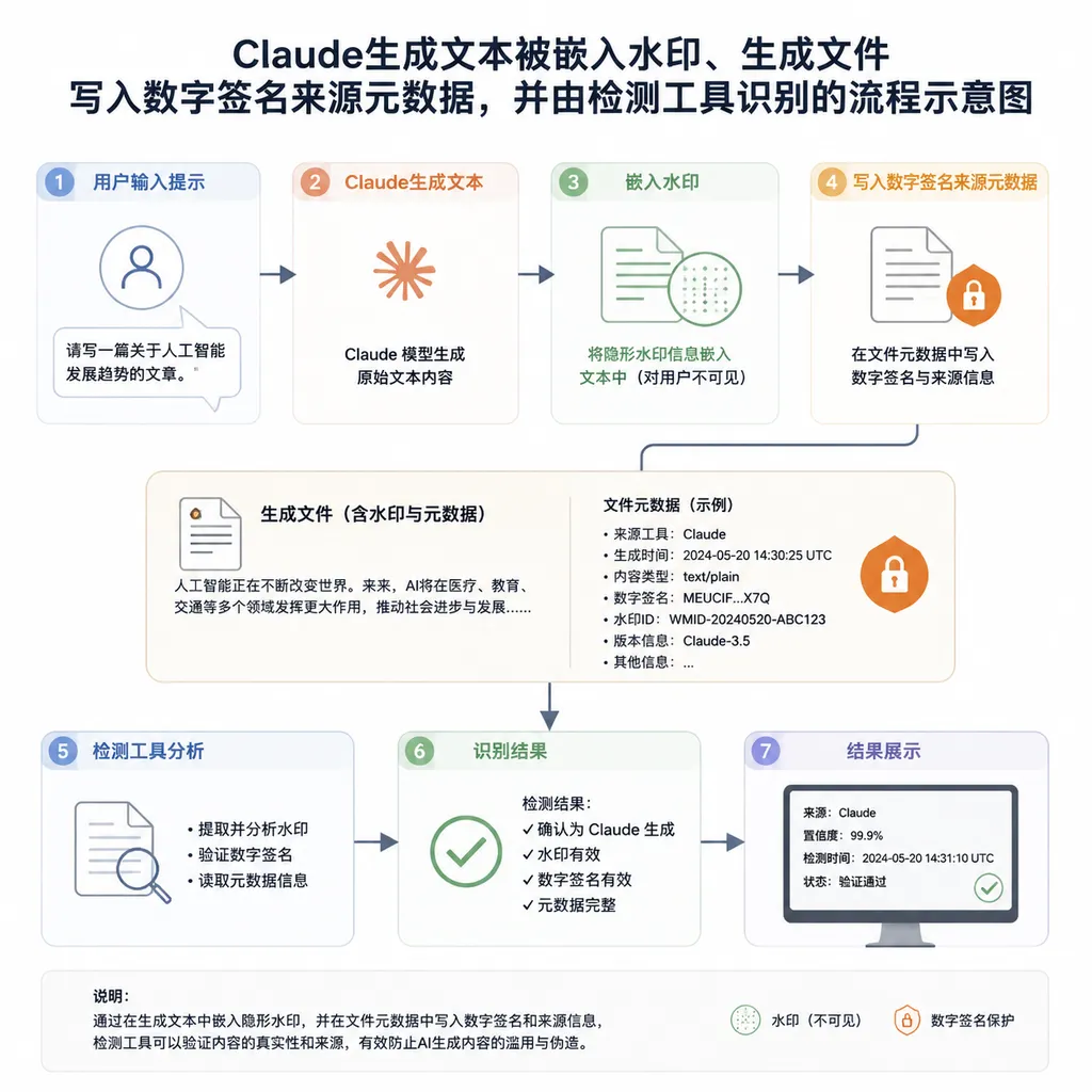 Claude生成文本被嵌入水印、生成文件写入数字签名来源元数据,并由检测工具识别的流程示意图