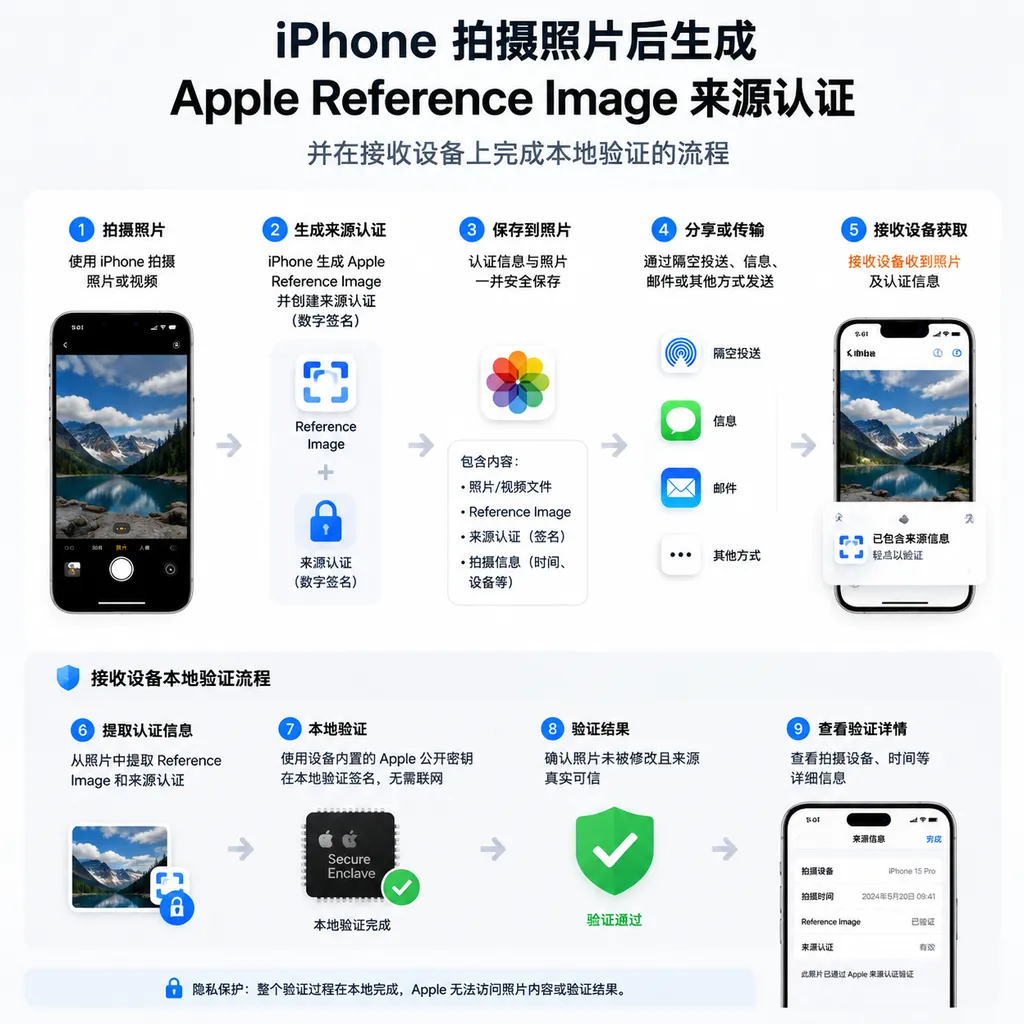 iPhone 拍摄照片后生成 Apple Reference Image 来源认证,并在接收设备上完成本地验证的流程示意图