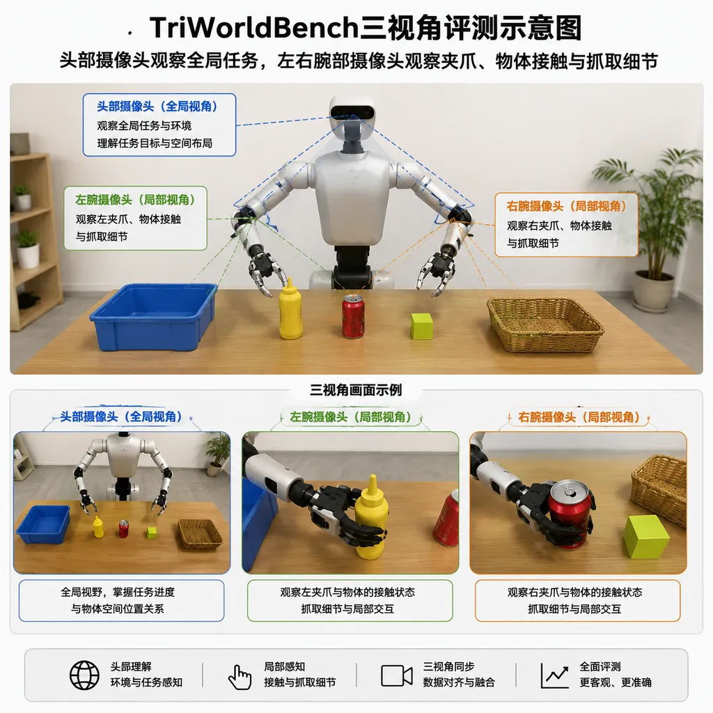 TriWorldBench三视角评测示意图,头部摄像头观察全局任务,左右腕部摄像头观察夹爪、物体接触与抓取细节