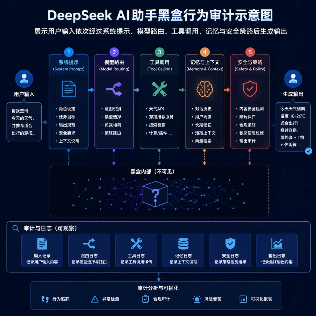 DeepSeek AI助手黑盒行为审计示意图,展示用户输入依次经过系统提示、模型路由、工具调用、记忆与安全策略后生成输出