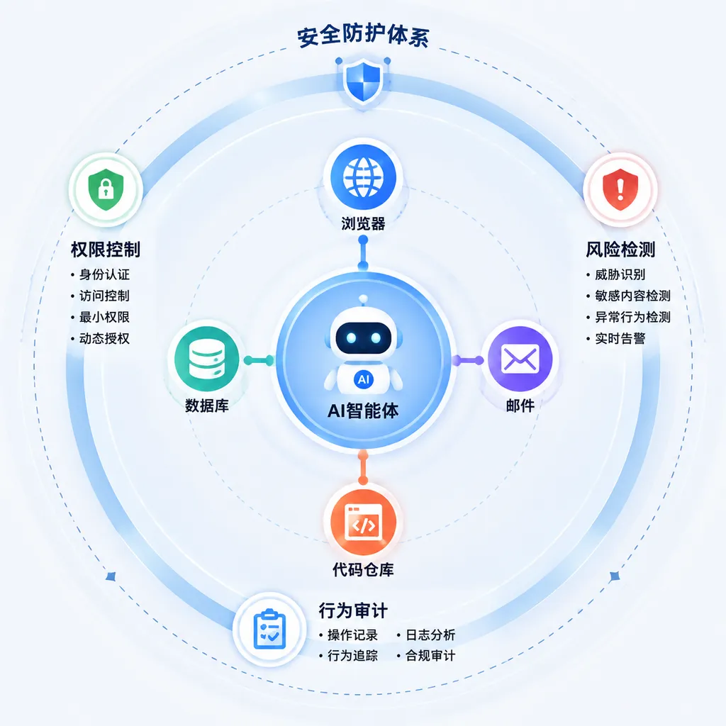 AI智能体连接浏览器、数据库、邮件和代码仓库,外围由权限控制、风险检测与行为审计构成的安全防护示意图