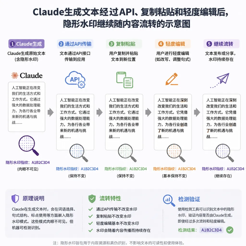 Diagram showing how an invisible watermark continues to travel with Claude-generated text after API transmission, copying and pasting, and light editing