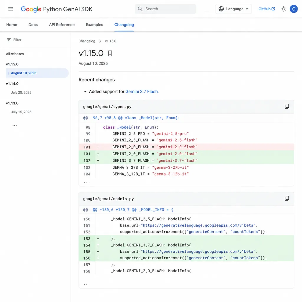 Screenshot of a code change showing the gemini-3.7-flash model name on the public Google Python GenAI SDK page