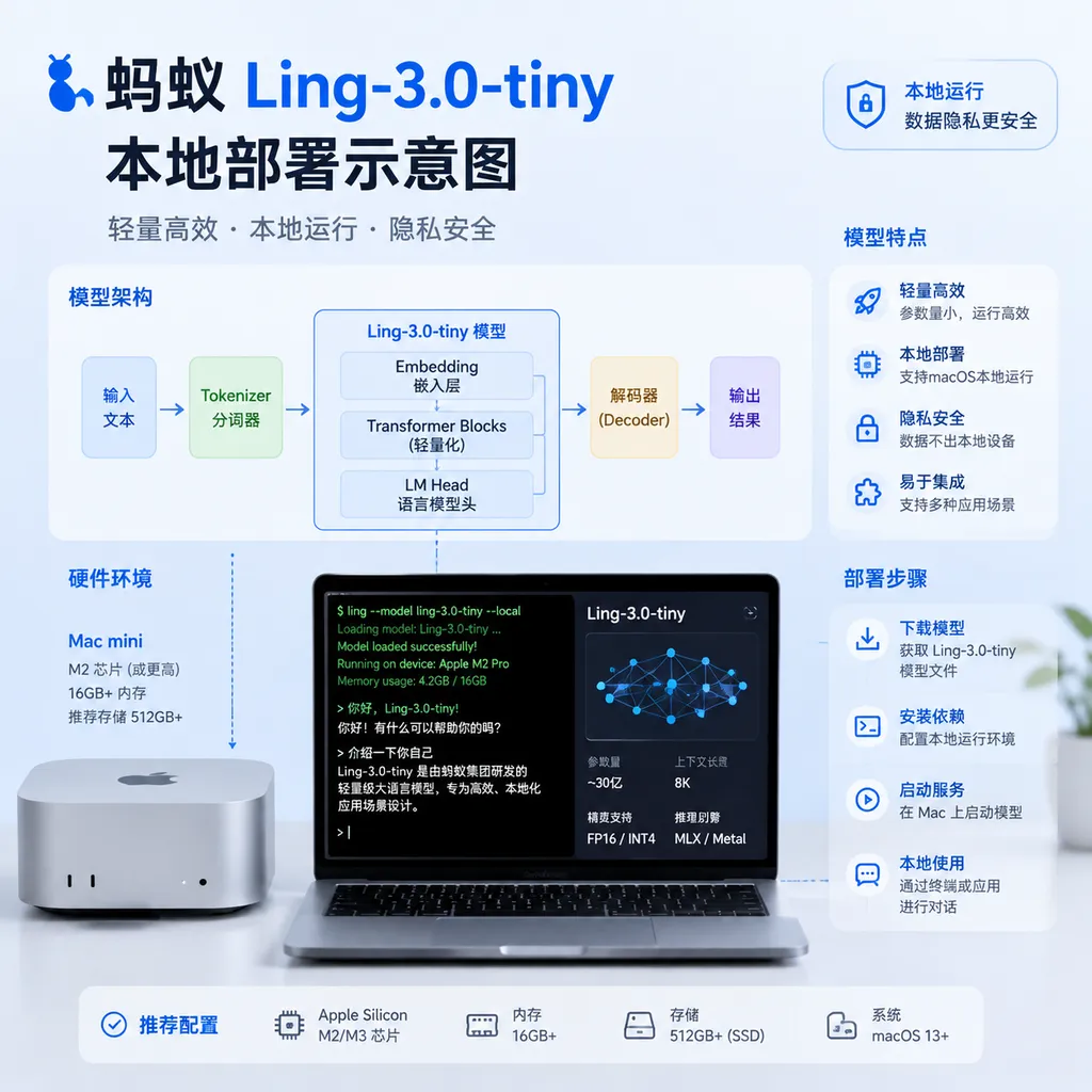 蚂蚁 Ling-3.0-tiny 本地部署示意图,画面包含 Mac mini、MacBook 与模型架构元素