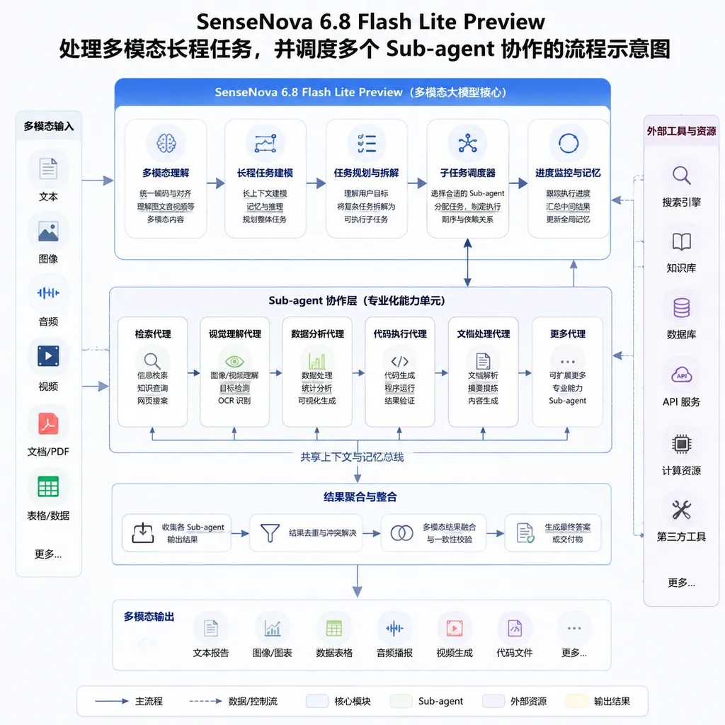 Diagram showing SenseNova 6.8 Flash Lite Preview handling long-horizon multimodal tasks and coordinating multiple sub-agents