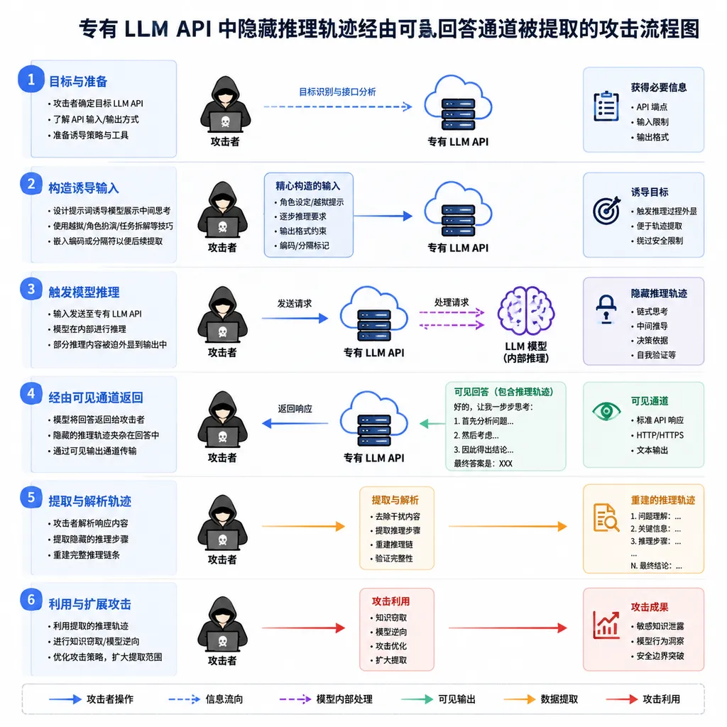 专有 LLM API 中隐藏推理轨迹经由可见回答通道被提取的攻击流程图