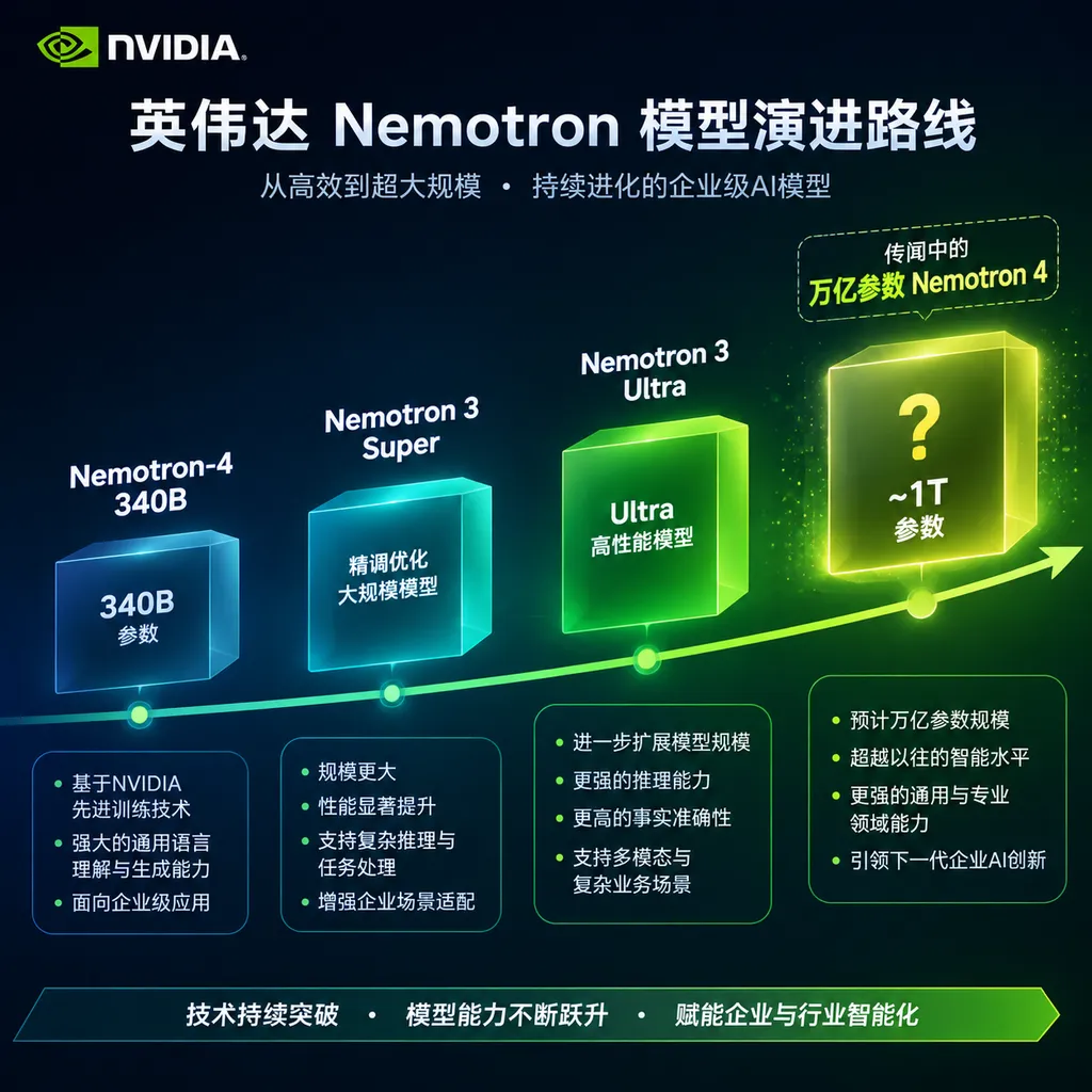 英伟达Nemotron模型演进路线示意图,从Nemotron-4 340B、Nemotron 3 Super、Nemotron 3 Ultra延伸至传闻中的万亿参数Nemotron 4