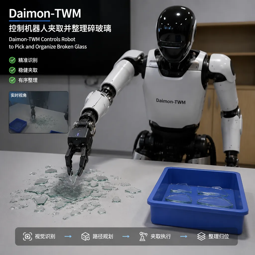 Demo footage of Daimon-TWM controlling a robot to pick up and organize broken glass