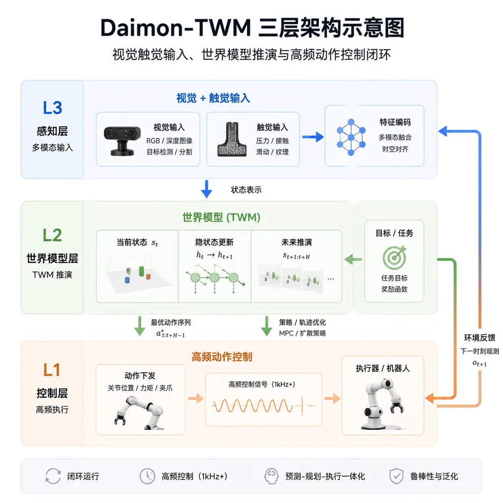 Diagram of Daimon-TWM’s three-layer architecture, showing visual and tactile inputs, world-model simulation, and a high-frequency closed-loop action-control system