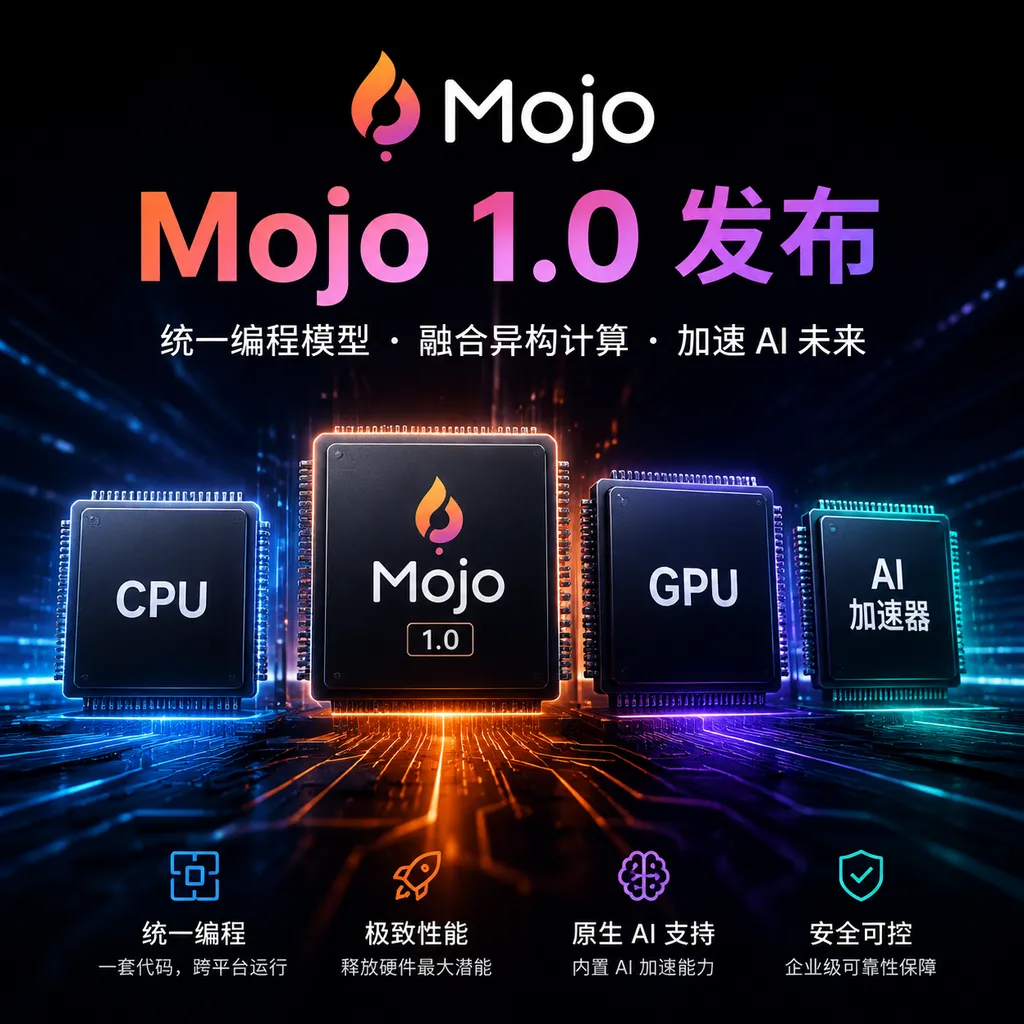 Mojo 1.0 发布主视觉,画面包含 Mojo 标识、CPU、GPU 与 AI 加速器