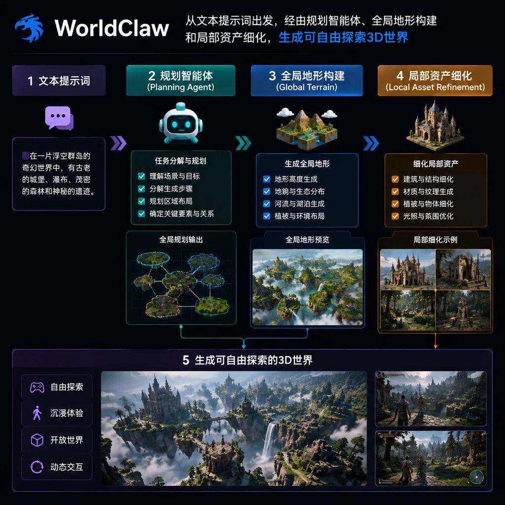 WorldClaw从文本提示词出发,经由规划智能体、全局地形构建和局部资产细化,生成可自由探索3D世界的流程图