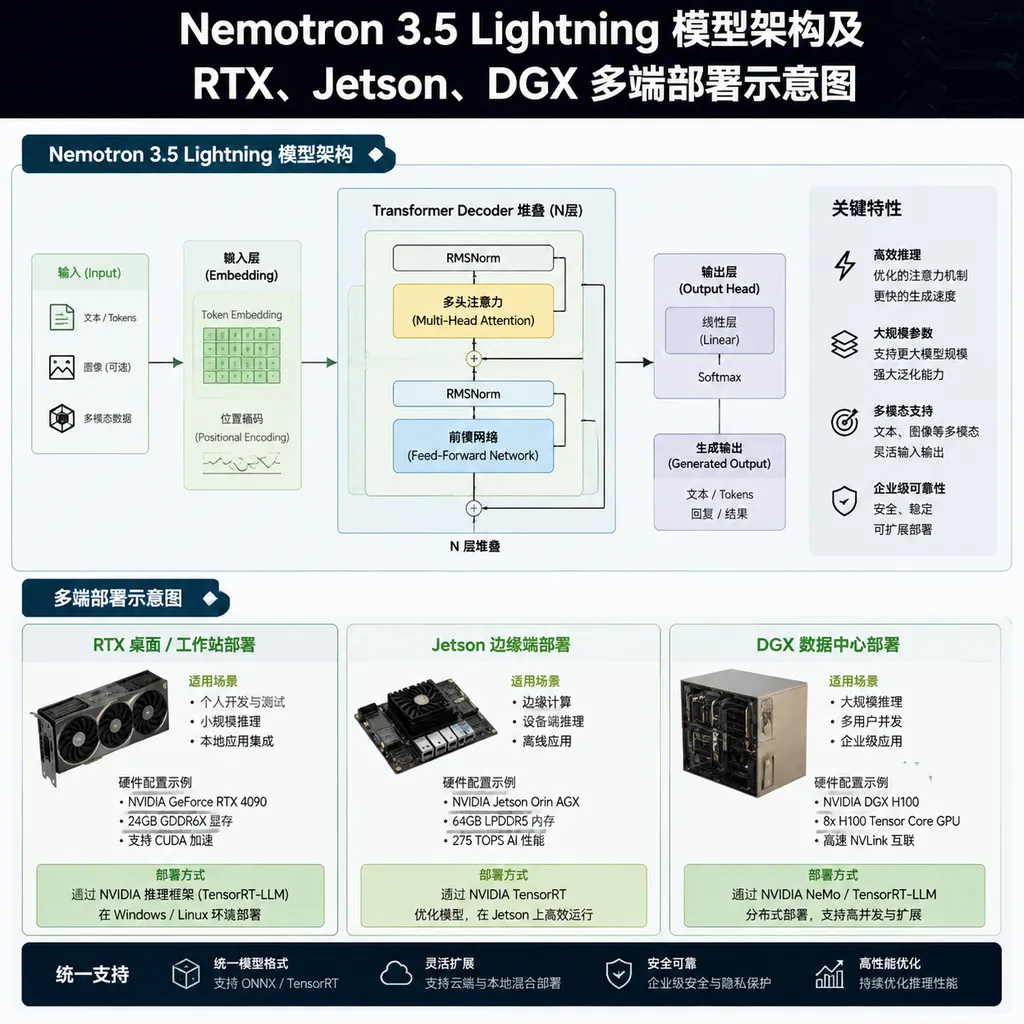 Diagram of the Nemotron 3.5 Lightning architecture and deployment across RTX, Jetson, and DGX platforms