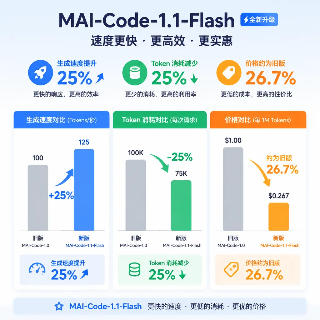 MAI-Code-1.1-Flash 的速度、Token 效率和价格变化对比图,突出“生成速度提升 25%”“Token 消耗减少 25%”“价格约为旧版 26.7%”