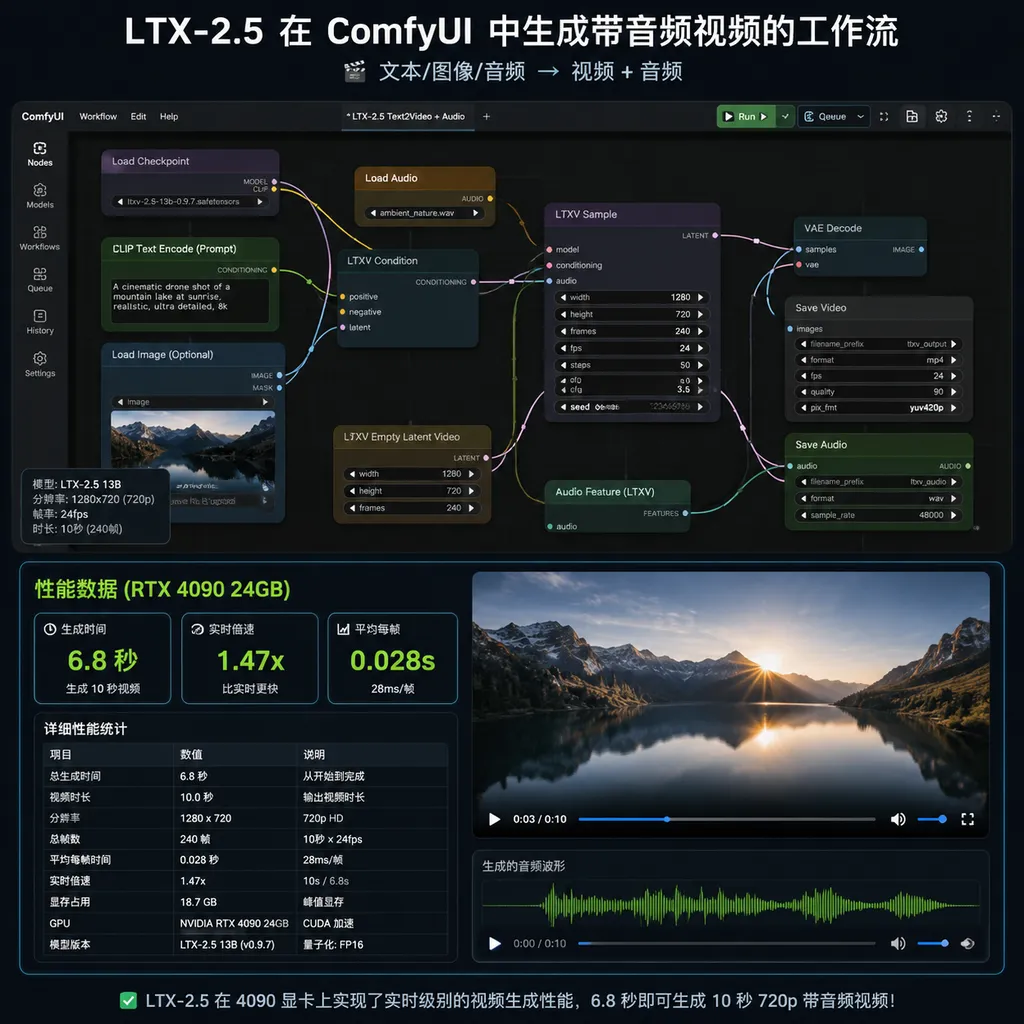 LTX-2.5 在 ComfyUI 中生成带音频视频的工作流界面,以及 6.8 秒生成 10 秒 720p 视频的性能数据