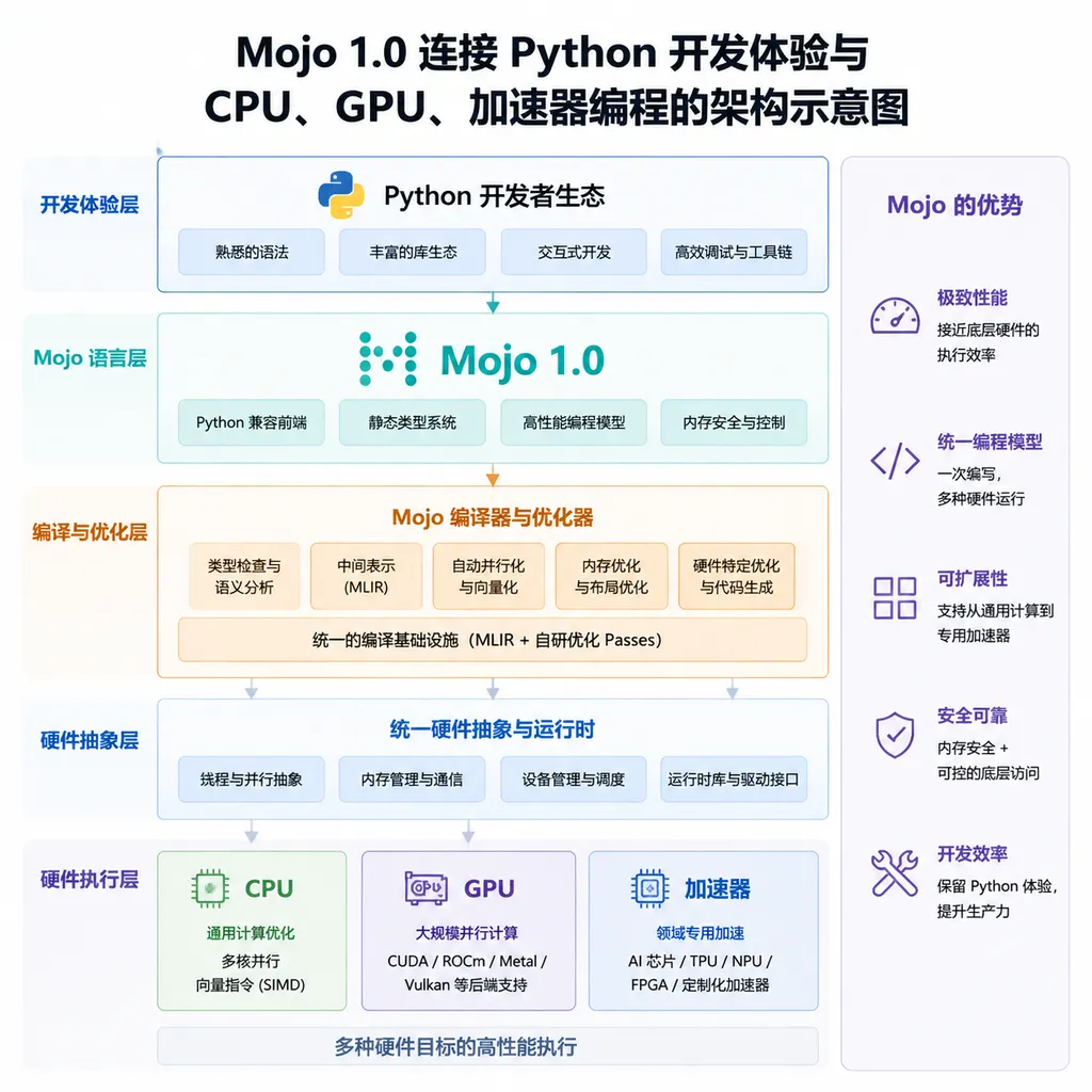 Architecture diagram showing how Mojo 1.0 connects the Python development experience with programming for CPUs, GPUs, and accelerators