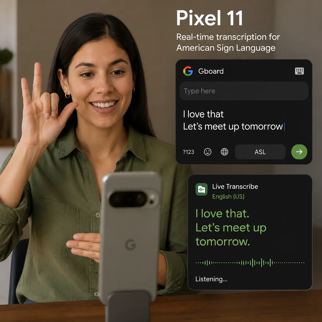 Pixel 11 用户面对前置摄像头使用美国手语,Gboard 与 Live Transcribe 实时生成英文文本的产品示意图