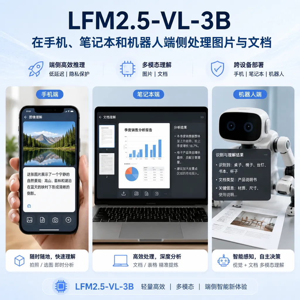 LFM2.5-VL-3B在手机、笔记本和机器人端侧处理图片与文档的示意图