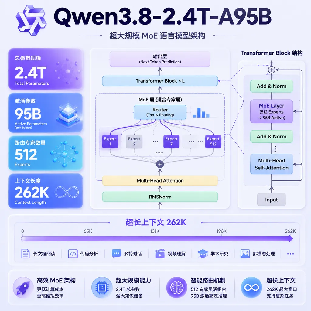 Qwen3.8-2.4T-A95B 模型架构示意图,展示 2.4T 总参数、95B 激活参数、512 个路由专家和 262K 上下文