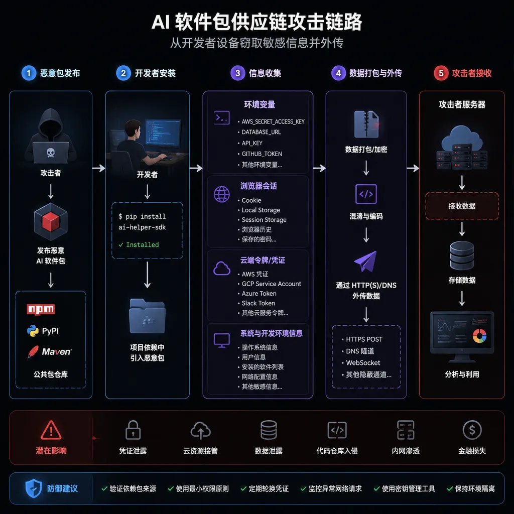 AI 软件包从开发者设备收集环境变量、浏览器会话、云端令牌并向攻击者服务器外传数据的供应链攻击链路图