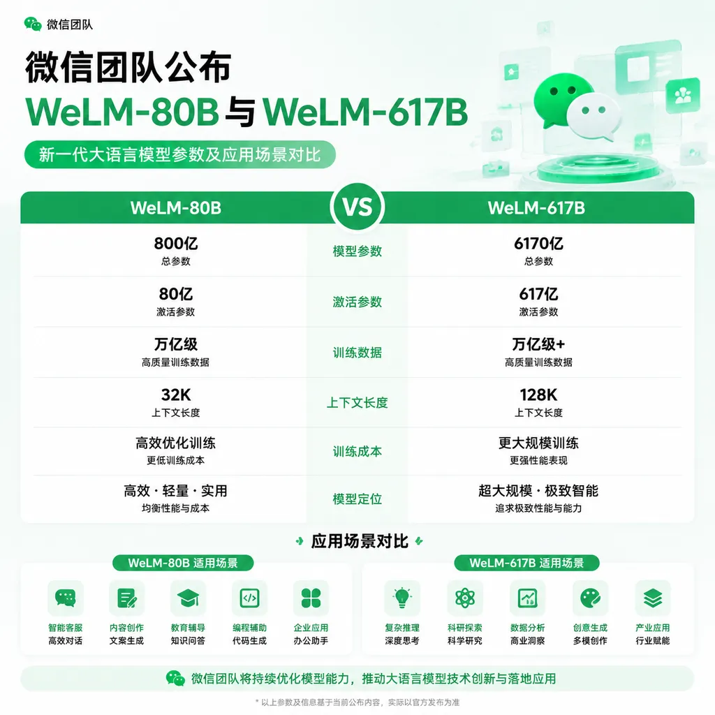 微信团队公布的WeLM-80B与WeLM-617B参数及应用场景对比海报