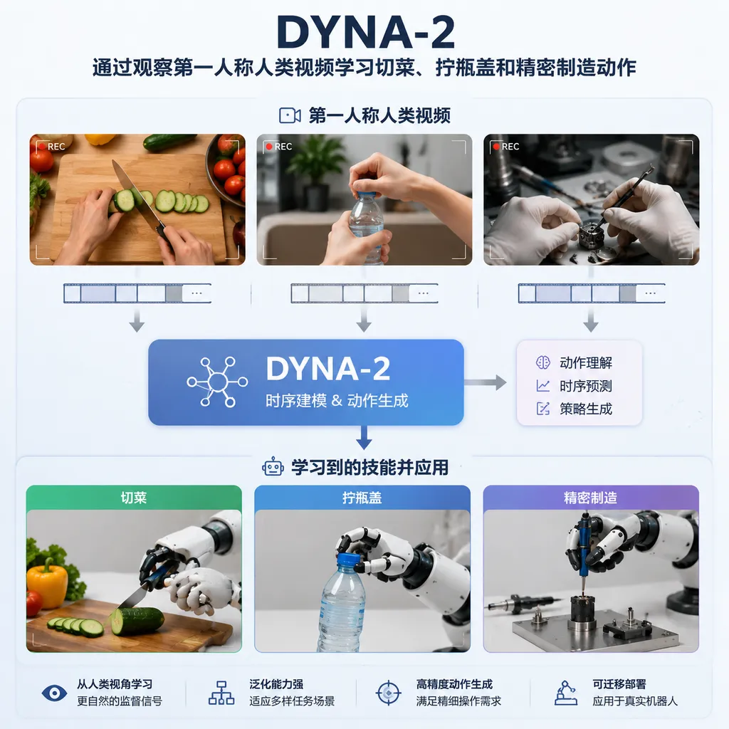 DYNA-2通过观察第一人称人类视频学习切菜、拧瓶盖和精密制造动作的示意图