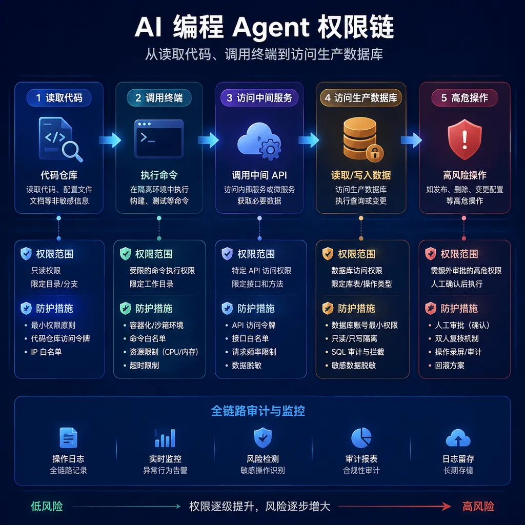 AI编程Agent从读取代码、调用终端到访问生产数据库的权限链示意图