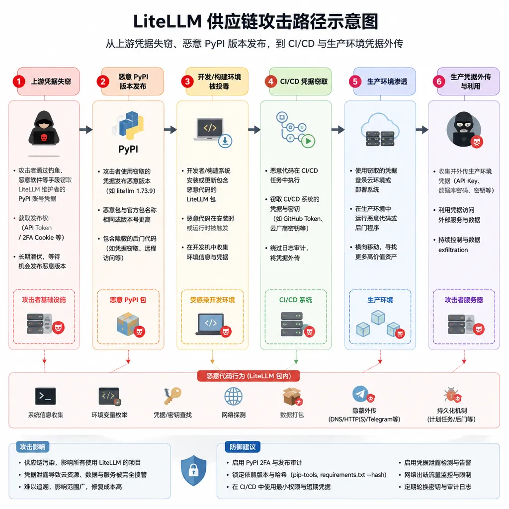 Diagram of the LiteLLM supply chain attack path, from the theft of upstream credentials and publication of malicious PyPI versions to the exfiltration of CI/CD and production environment credentials