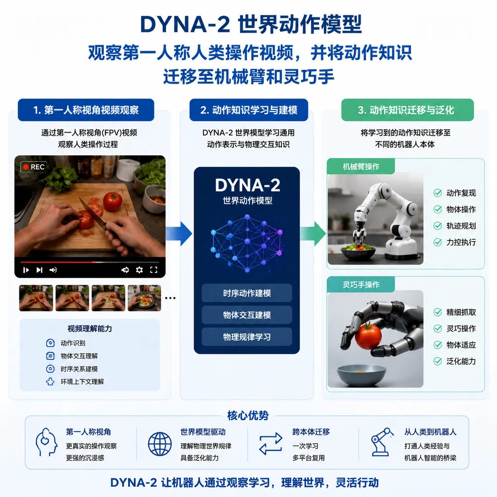 Illustration of the DYNA-2 World Action Model observing first-person videos of human manipulation and transferring action knowledge to robotic arms and dexterous hands