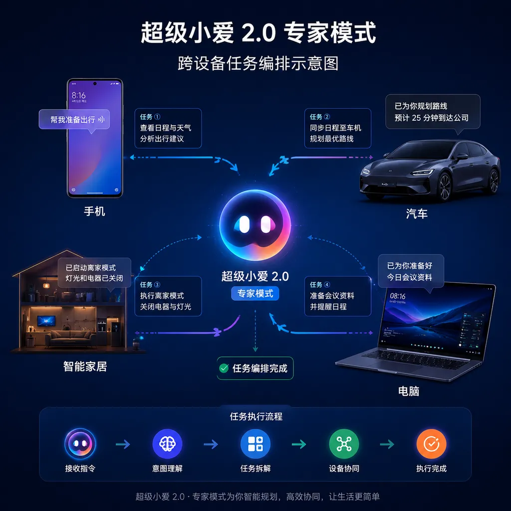 Illustration of Super XiaoAI 2.0 Expert Mode orchestrating tasks across phones, cars, smart homes, and computers