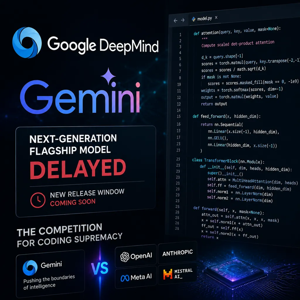Google DeepMind、Gemini 标志与代码界面组合图,表现下一代旗舰模型延期和编程能力竞争