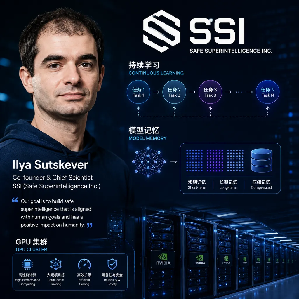 Ilya Sutskever and the SSI logo, with illustrations of continual learning, model memory, and GPU clusters in the background