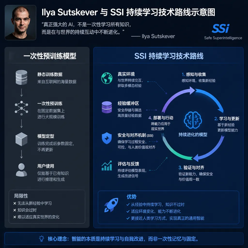 Ilya Sutskever 与 SSI 持续学习技术路线示意图,左侧为一次性预训练模型,右侧为在真实环境中不断吸收经验并更新能力的模型