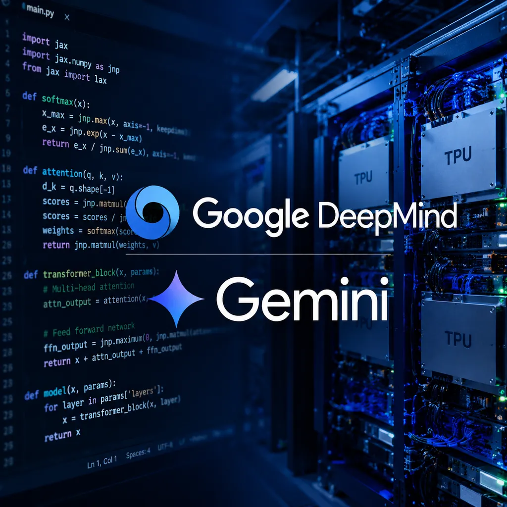 Google DeepMind and Gemini logos against a background of a code editor and TPU clusters