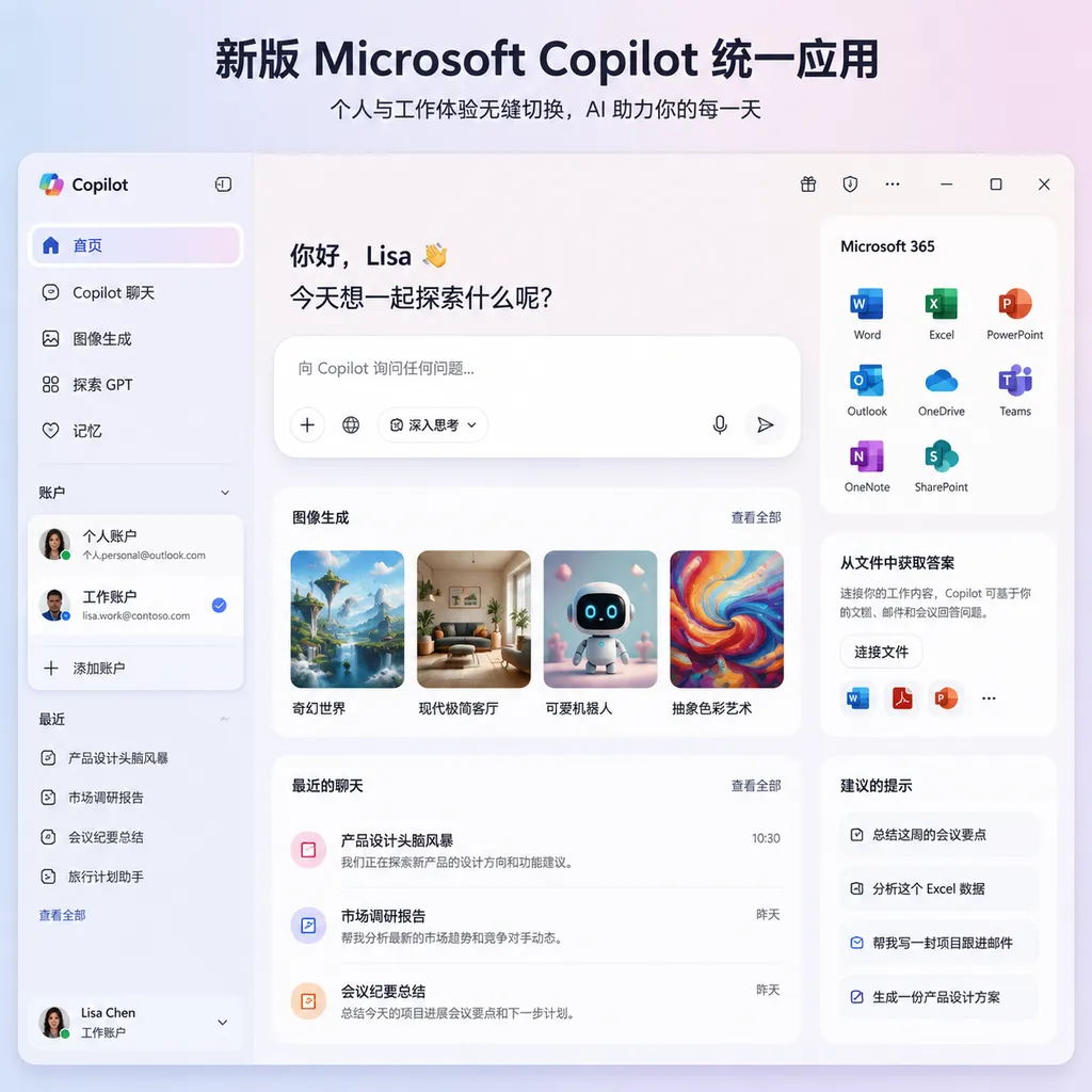 新版 Microsoft Copilot 统一应用界面示意图,展示个人账户与工作账户切换、聊天、图像生成和 Microsoft 365 功能入口