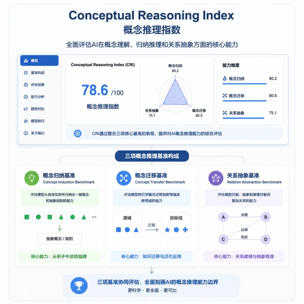 Conceptual Reasoning Index 页面与三项概念推理基准构成示意图