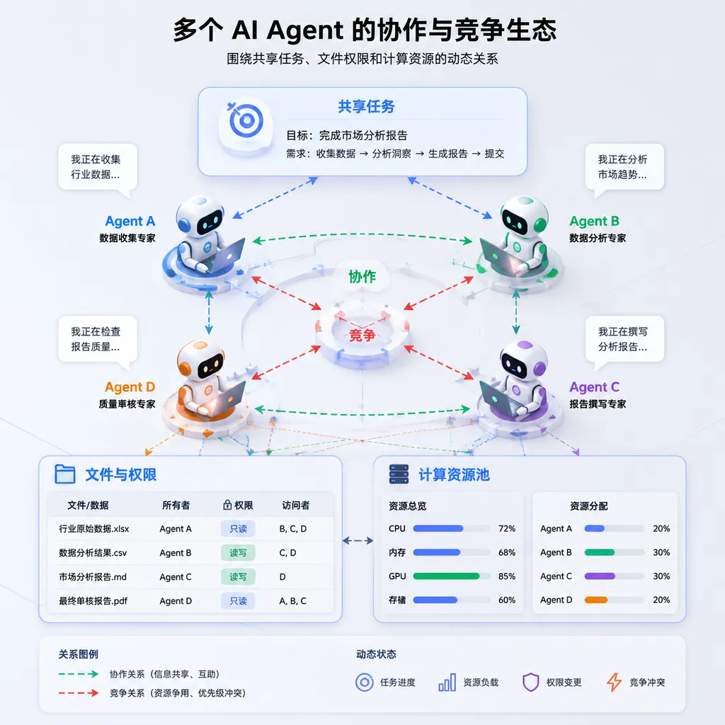 多个 AI Agent 围绕共享任务、文件权限和计算资源形成协作与竞争关系的示意图