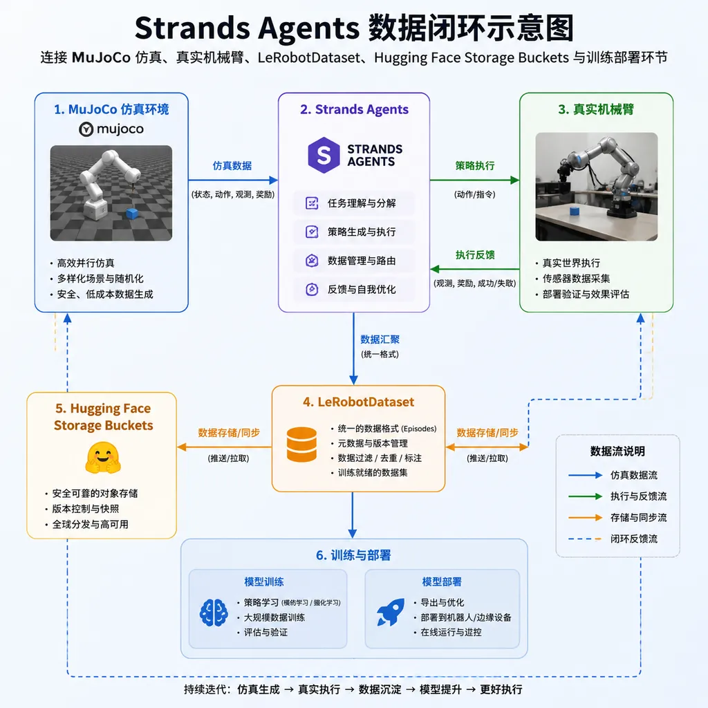 Strands Agents连接MuJoCo仿真、真实机械臂、LeRobotDataset、Hugging Face Storage Buckets与训练部署环节的数据闭环示意图