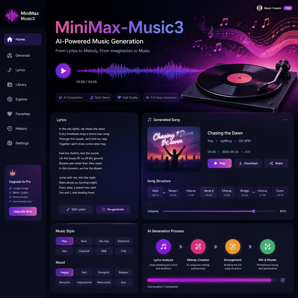 MiniMax-Music3 根据歌词与音乐描述生成完整歌曲的产品演示界面