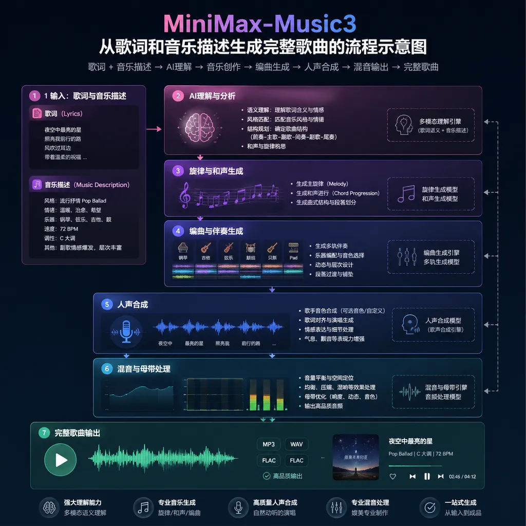 Diagram showing how MiniMax-Music3 generates a complete song from lyrics and a music description