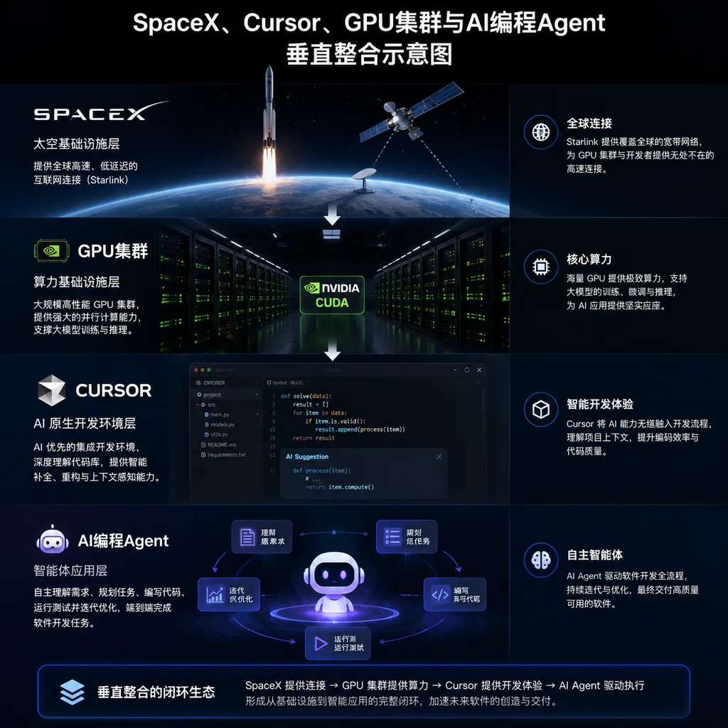 Diagram of the vertical integration between SpaceX, Cursor, GPU clusters, and AI coding Agents