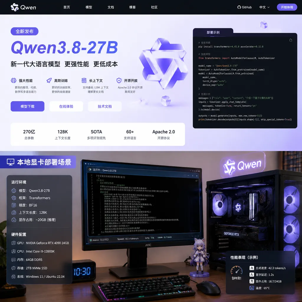 Qwen3.8-27B model release page and local GPU deployment setup