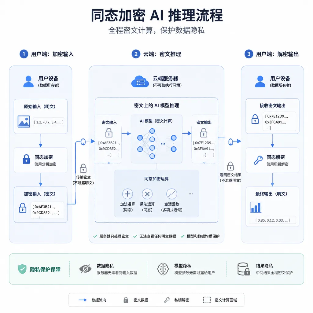 同态加密AI推理流程图,展示用户端加密输入、云端在密文上运行模型、用户端解密输出,服务器全程无法看到明文