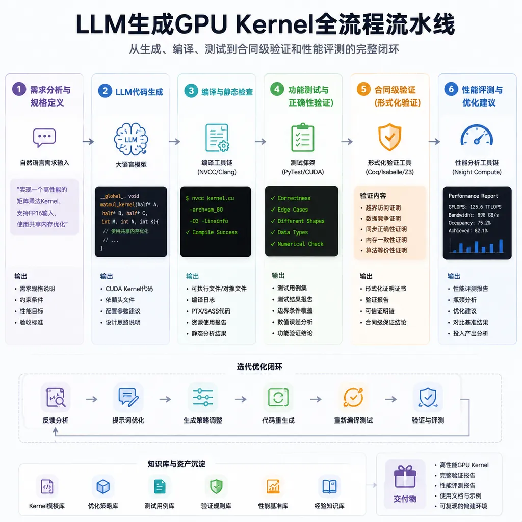 LLM生成GPU Kernel从生成、编译、测试到合同级验证和性能评测的完整流水线示意图
