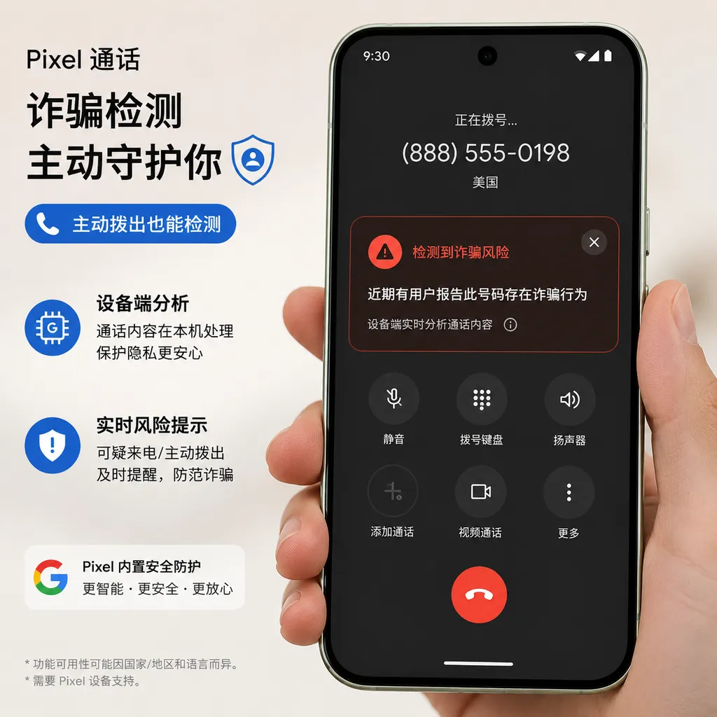 Pixel 手机通话界面显示诈骗检测警告,画面突出“设备端分析”和主动拨出电话