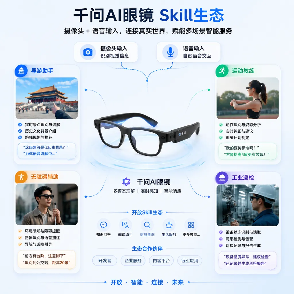 Diagram of the Qwen AI glasses Skill ecosystem, showing camera and voice inputs connected to tour guide, coaching, accessibility assistance, and industrial inspection scenarios