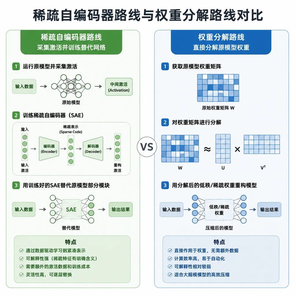 Comparison of the sparse autoencoder and weight decomposition approaches: the left side collects activations and trains a surrogate network, while the right side directly decomposes the original model’s weights